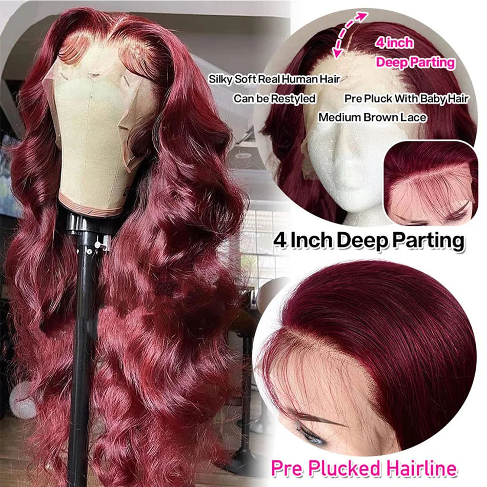 Wiggogo 30 Inch Hd Lace Wig 13X6 Hd Lace Frontal Wig 13X4 Red Lace Front Human Hair Wigs 99J Burgundy Body Wave Lace Front Wigs